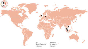 Image showing a map of the world with pins in the Uk, Czech Republic, Indonesia, Singapore. Malaysia and Vietnam